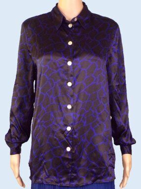 SILK! BLUSHE IMPRESSIONS size 4 black/blue long-sleeve blouse 100% silk DC only